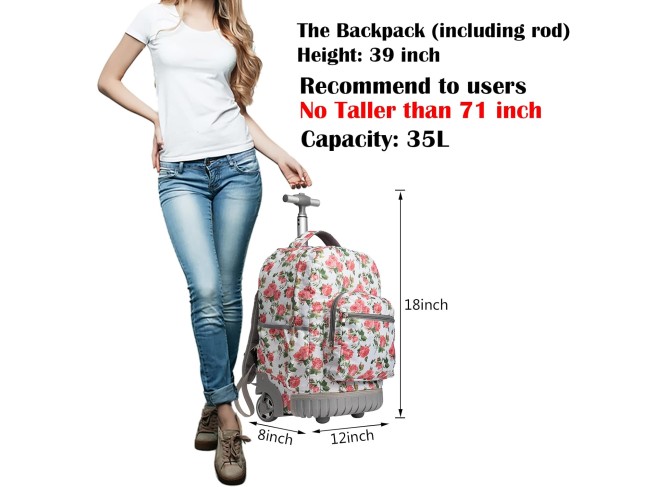 18 inches Wheeled Rolling Backpack Multi-Compartment College Books Laptop Bag Business Trip Carry-on
