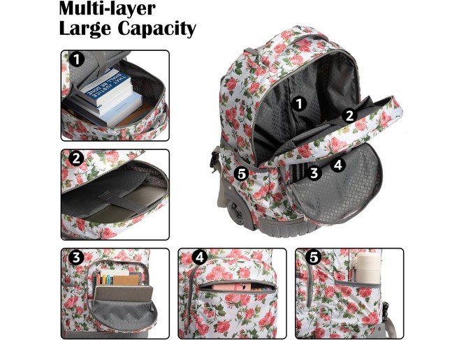 18 inches Wheeled Rolling Backpack Multi-Compartment College Books Laptop Bag Business Trip Carry-on