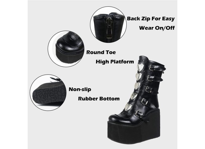 Mid Heel Chunky Platform Ankle Boots Non-Slip Side Zip Combat Boots Booties