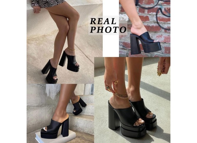 Womens Chunky High Heel Sandals Double Platform Slip On Slippers Open Square Toe Comfortable Summer Sandal