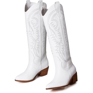 Cowboy Boots For Women Wide Calf Pull On Knee High Cowgirl Boots Women Chunky Heel
