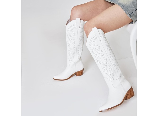 Cowboy Boots For Women Wide Calf Pull On Knee High Cowgirl Boots Women Chunky Heel