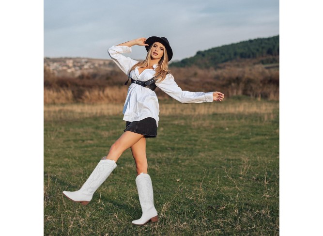 Cowboy Boots For Women Wide Calf Pull On Knee High Cowgirl Boots Women Chunky Heel