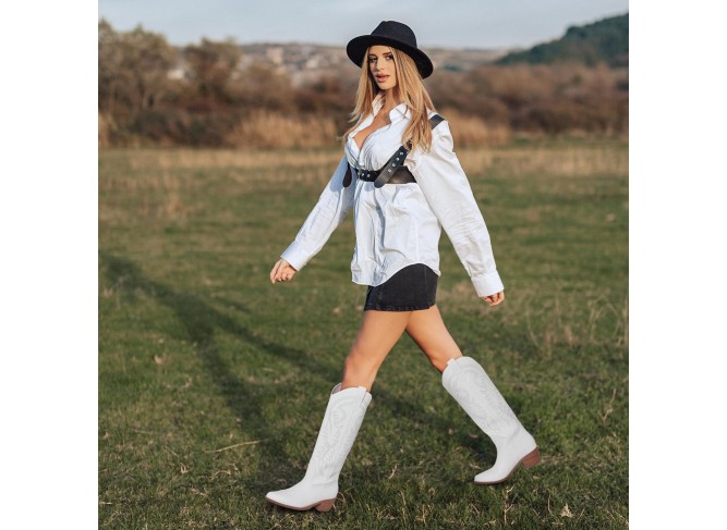 Cowboy Boots For Women Wide Calf Pull On Knee High Cowgirl Boots Women Chunky Heel