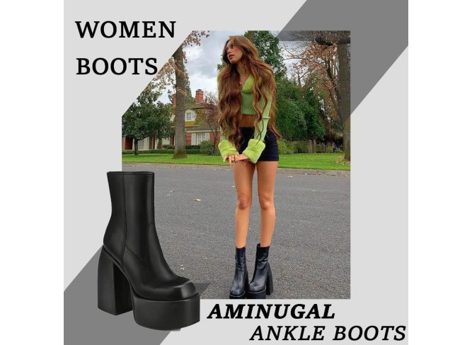 Womens Chunky Heel Ankle Boots Platform Block High Heel Round Toe Zipper Punk Combat Motorcycle Boots Bootoes