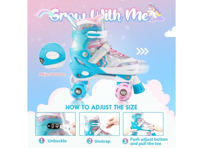 Rainbow Unicorn 4 Size Adjustable Light up Roller Skates