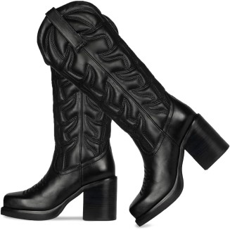 Western Cowgirl Boots Chunky Heel Square Toe Pull On Fashion Knee High Boots Cowboy Boots Combat Boots