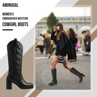 Western Cowgirl Boots Chunky Heel Square Toe Pull On Fashion Knee High Boots Cowboy Boots Combat Boots