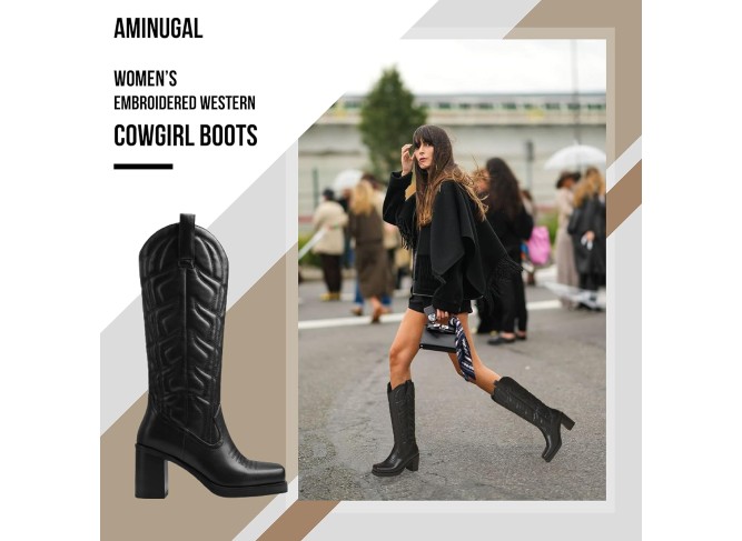 Western Cowgirl Boots Chunky Heel Square Toe Pull On Fashion Knee High Boots Cowboy Boots Combat Boots