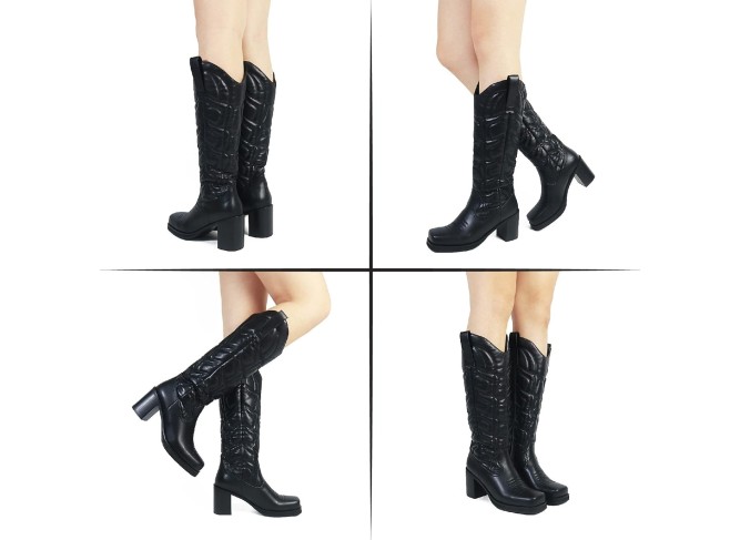 Western Cowgirl Boots Chunky Heel Square Toe Pull On Fashion Knee High Boots Cowboy Boots Combat Boots