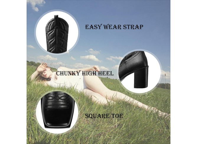 Western Cowgirl Boots Chunky Heel Square Toe Pull On Fashion Knee High Boots Cowboy Boots Combat Boots