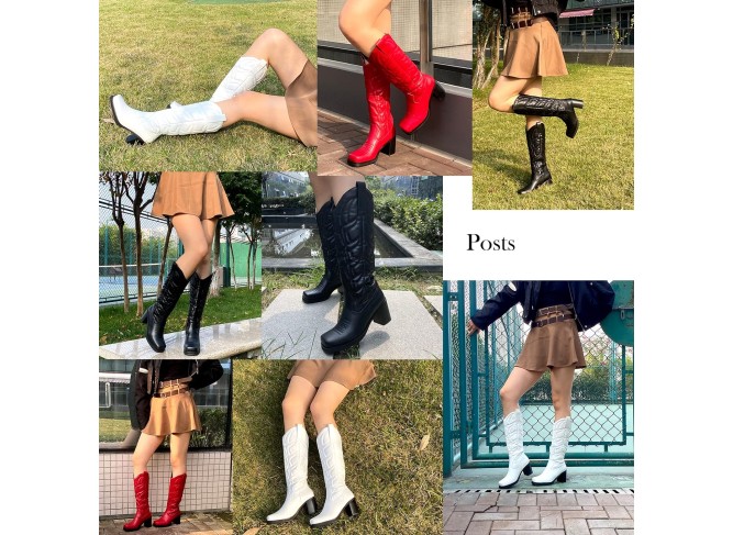 Western Cowgirl Boots Chunky Heel Square Toe Pull On Fashion Knee High Boots Cowboy Boots Combat Boots