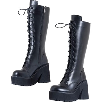 Womens Plaform Knee High Boots Chunky Heel Round Toe Zipper Block Heel Fashion Motorcycle Punk Gorh Boots Work Combat Boots