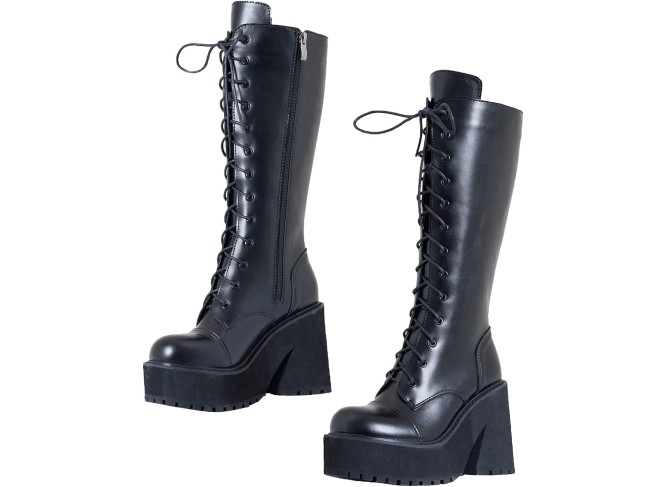 Womens Plaform Knee High Boots Chunky Heel Round Toe Zipper Block Heel Fashion Motorcycle Punk Gorh Boots Work Combat Boots