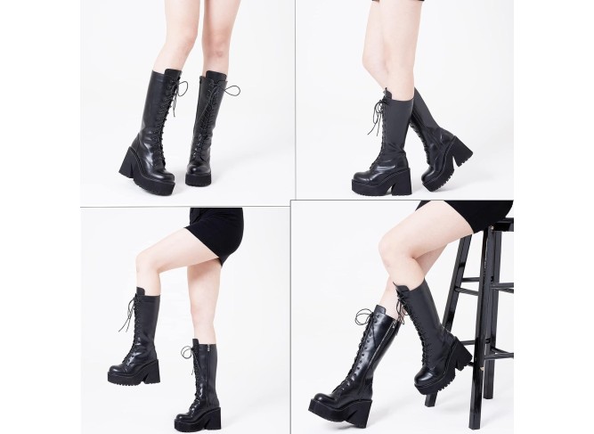Womens Plaform Knee High Boots Chunky Heel Round Toe Zipper Block Heel Fashion Motorcycle Punk Gorh Boots Work Combat Boots