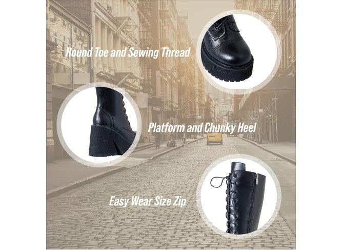 Womens Plaform Knee High Boots Chunky Heel Round Toe Zipper Block Heel Fashion Motorcycle Punk Gorh Boots Work Combat Boots