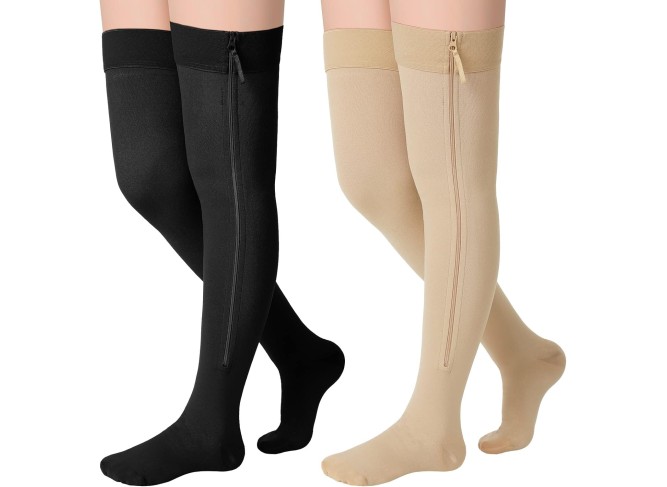 2 Pairs Zipper Compression Socks Thigh High 20-30 mmHg Compression Socks
