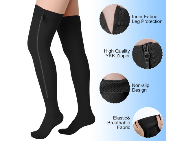 2 Pairs Zipper Compression Socks Thigh High 20-30 mmHg Compression Socks