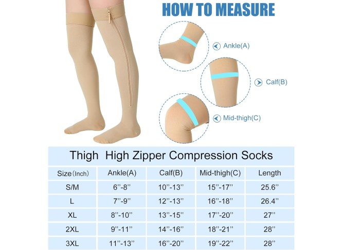 2 Pairs Zipper Compression Socks Thigh High 20-30 mmHg Compression Socks