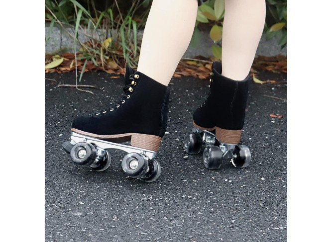Genuine Suede Roller Skates with Height Adjustable Rubber Stoppers Retro Quad Roller Skates
