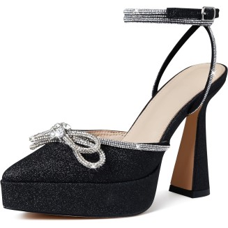 Womens Rhinestones Bow Knot Platform Heeled Sandals Ankle Strap Pointed Toe Stiletto High Heels