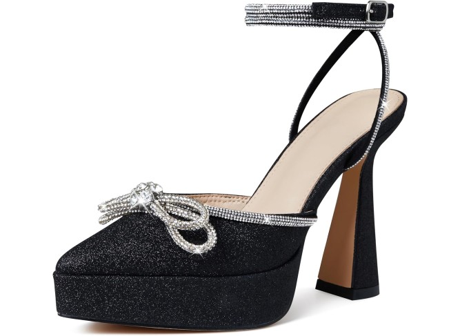 Womens Rhinestones Bow Knot Platform Heeled Sandals Ankle Strap Pointed Toe Stiletto High Heels