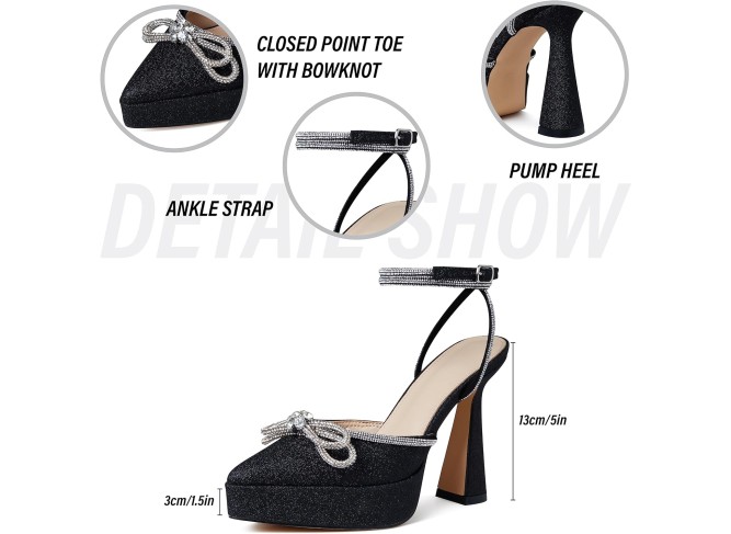Womens Rhinestones Bow Knot Platform Heeled Sandals Ankle Strap Pointed Toe Stiletto High Heels