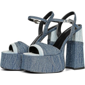 Platform Heels for Women Denim Chunky High Heel Sandals Peep Open Toe Ankle Buckle Strap Backless Heel