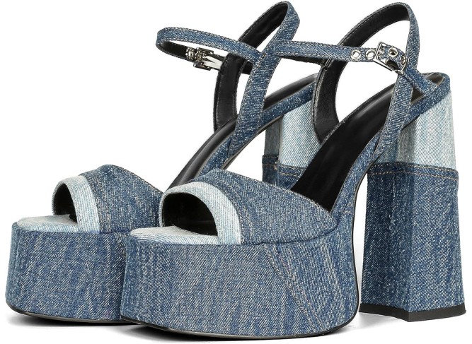 Platform Heels for Women Denim Chunky High Heel Sandals Peep Open Toe Ankle Buckle Strap Backless Heel