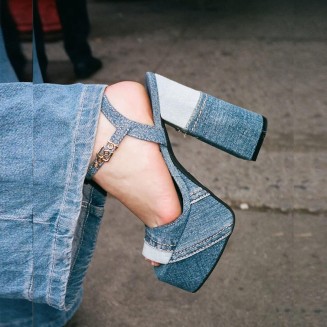 Platform Heels for Women Denim Chunky High Heel Sandals Peep Open Toe Ankle Buckle Strap Backless Heel