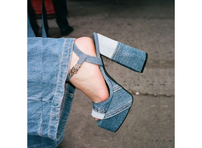 Platform Heels for Women Denim Chunky High Heel Sandals Peep Open Toe Ankle Buckle Strap Backless Heel