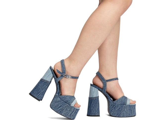Platform Heels for Women Denim Chunky High Heel Sandals Peep Open Toe Ankle Buckle Strap Backless Heel