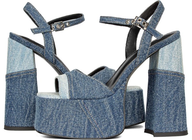 Platform Heels for Women Denim Chunky High Heel Sandals Peep Open Toe Ankle Buckle Strap Backless Heel