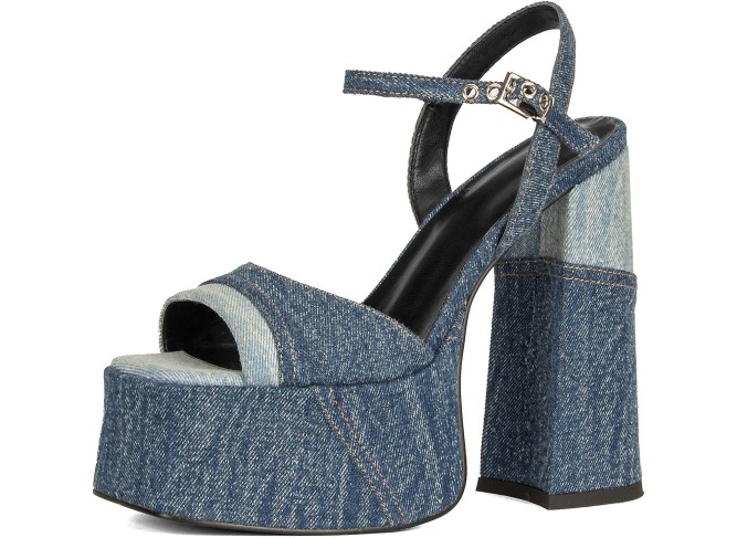 Platform Heels for Women Denim Chunky High Heel Sandals Peep Open Toe Ankle Buckle Strap Backless Heel