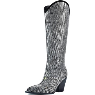 Cowboy Boots With Chunky Silver Heels Knee High Boots That Sparkle And Shine Womens Western Dance Parties And The Party