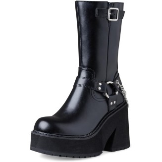 Women's Chunky Block Heel Mid Calf Boots Platform Round Toe Punk High Heels