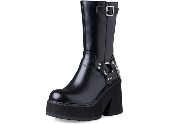 Women's Chunky Block Heel Mid Calf Boots Platform Round Toe Punk High Heels