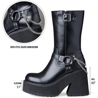 Women's Chunky Block Heel Mid Calf Boots Platform Round Toe Punk High Heels