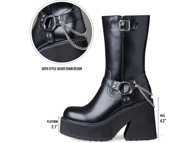 Women's Chunky Block Heel Mid Calf Boots Platform Round Toe Punk High Heels