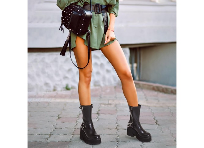 Women's Chunky Block Heel Mid Calf Boots Platform Round Toe Punk High Heels