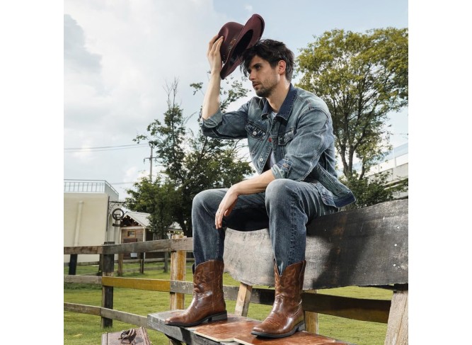 Cowboy Boots for Men - Men's Western Boots With Embroidered, Slip Resistant Square Toe Chunky Heel Ankle Boots