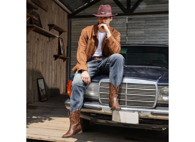 Cowboy Boots for Men - Men's Western Boots With Embroidered, Slip Resistant Square Toe Chunky Heel Ankle Boots