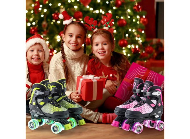 Roller Skates for Girls Boys Kids,4 Sizes Adjustable Quad Skates with Light up Wheels,Safe Fun Children Skates
