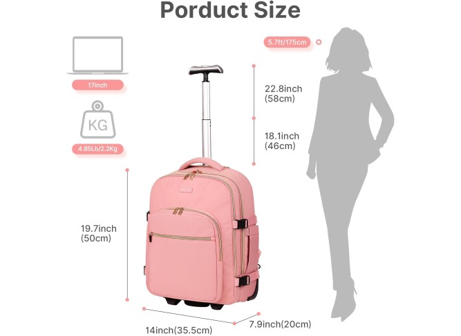 Rolling Backpack for Women, 17Inch on Laptop Travel Backpack with Wheels, Under Seat Carry on Luggage Airplane