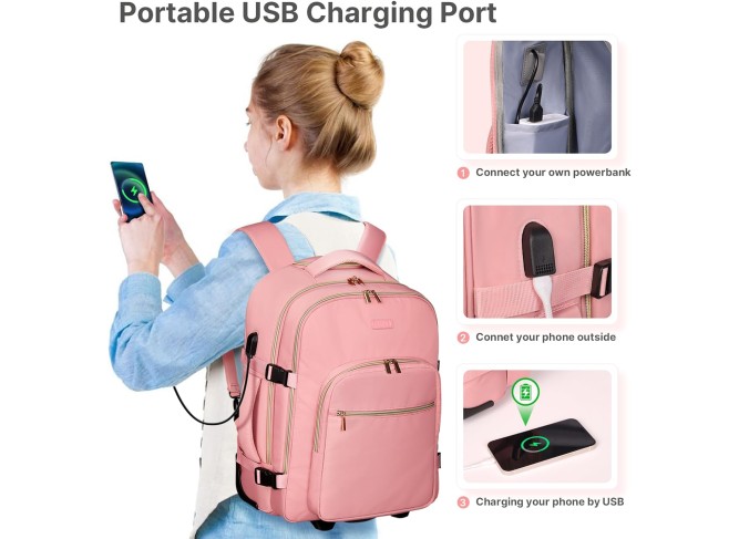 Rolling Backpack for Women, 17Inch on Laptop Travel Backpack with Wheels, Under Seat Carry on Luggage Airplane