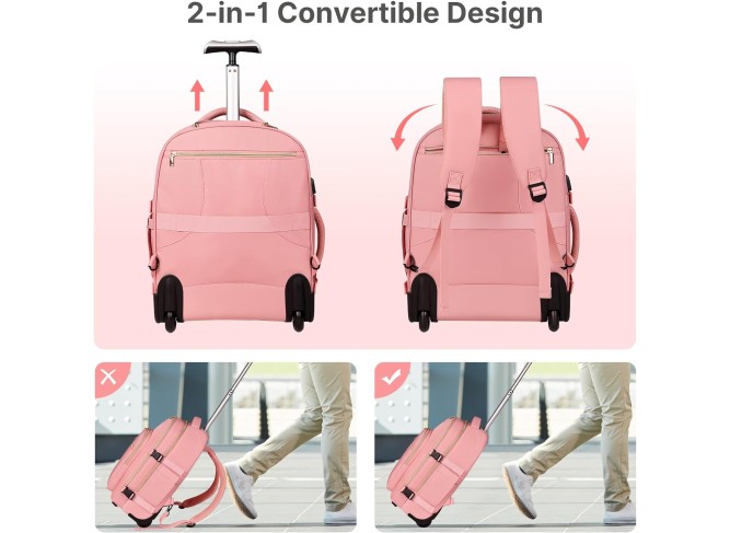 Rolling Backpack for Women, 17Inch on Laptop Travel Backpack with Wheels, Under Seat Carry on Luggage Airplane