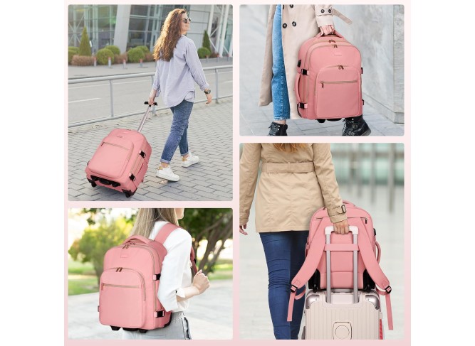 Rolling Backpack for Women, 17Inch on Laptop Travel Backpack with Wheels, Under Seat Carry on Luggage Airplane