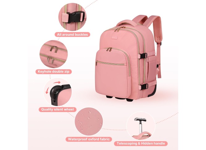 Rolling Backpack for Women, 17Inch on Laptop Travel Backpack with Wheels, Under Seat Carry on Luggage Airplane