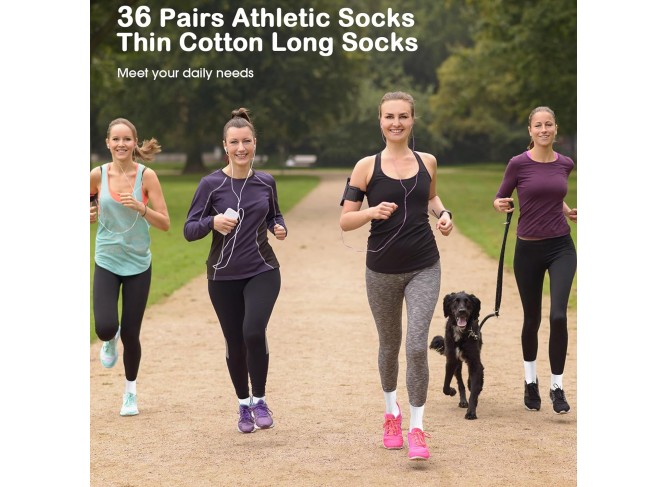 36 Pairs Crew Socks for Women Cotton Tall Socks Bulk Breathable Running Hiking Athletic Long Sock