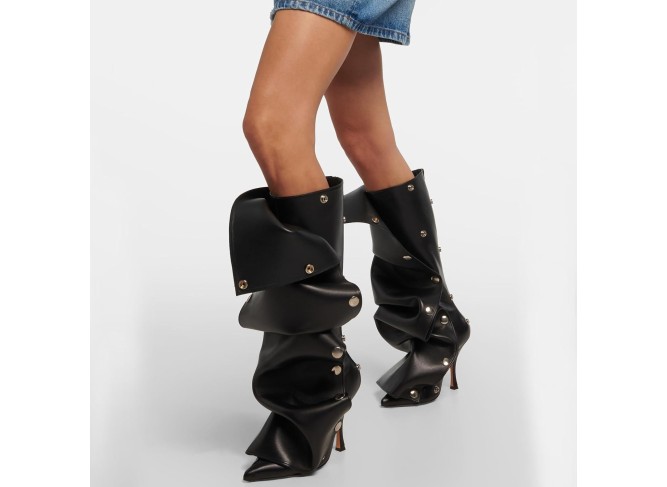 Women's Knee High Boots Pointed Toe Stiletto High Heels Wide Calf Boots Ruched Slouchy Boots with Zipper